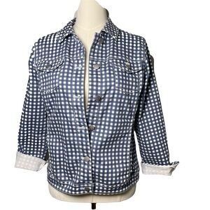 CHICO'S Button Up Short Jacket Blue&White Check Plaid SIZE S (Chico’s 0)